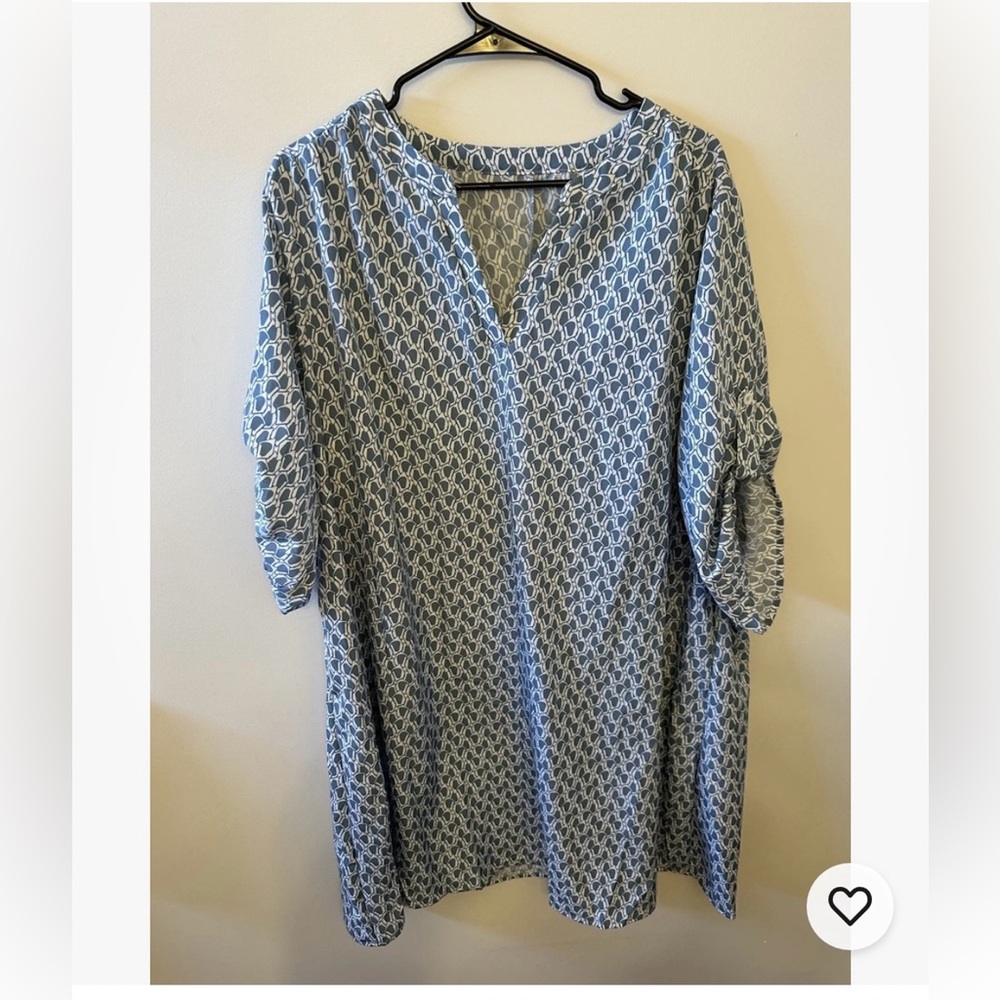 Blue Geometric Patterned Shirt Dress 3XL Adjustable Sleeves Midi